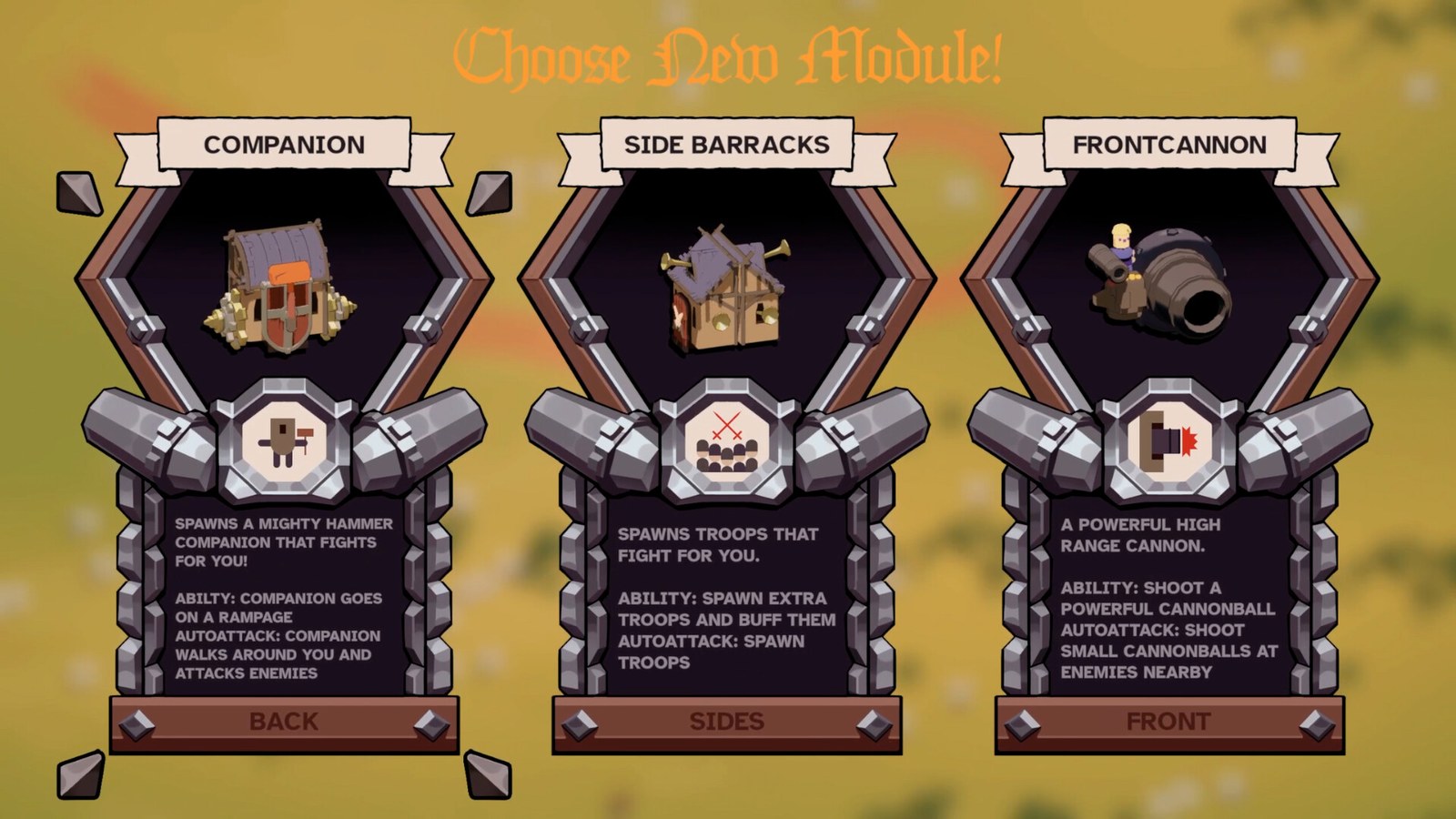 Wanderburg Choose New Module UI — Companion, Side Barracks, Front Cannon